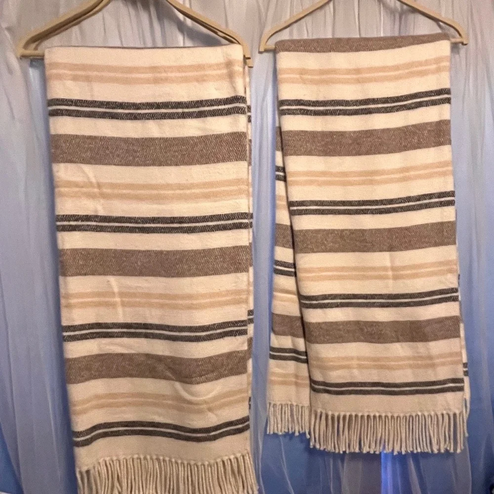 New Têxties Penedo Throw Blanket Jacquard Stripe Fringe Made in Portugal‎